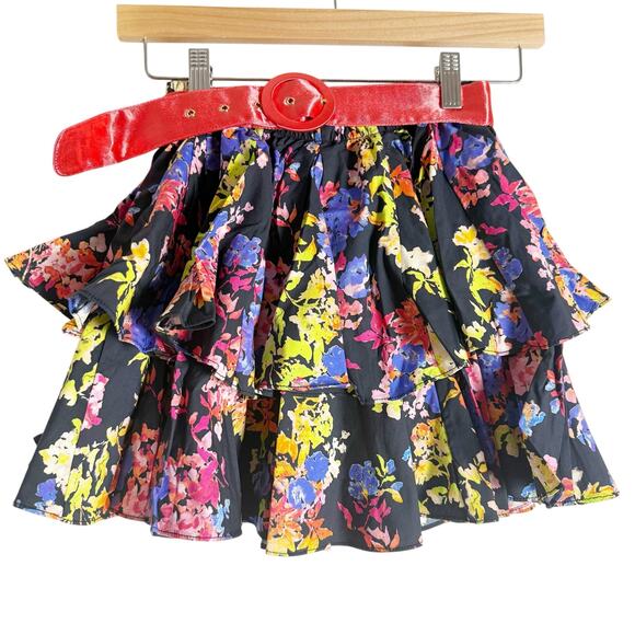 Caroline Constas Reign Black Multi Floral Tiered Ruffle Belted Mini Skirt XXS - Picture 2 of 9